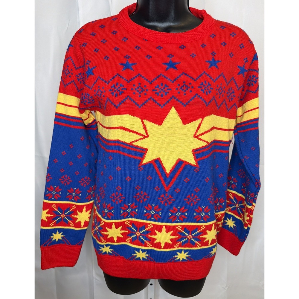 Marvel Captain Marvel Ugly Sweater Red Blue Knit Pullover Women's Small NEW